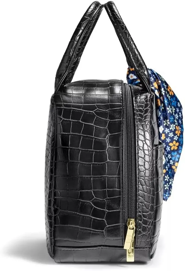 Fit & Fresh Lyon Modern Lunch Bag With Travel Utensils For Women, Insulated Womens Lunch Bag For Work, Leakproof & Stain-Resistant Large Lunch Box For Women, Faux Croc Leather, Black