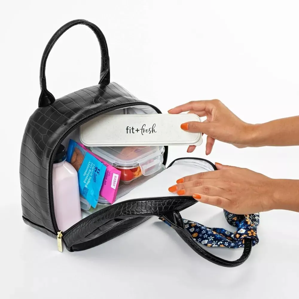 Fit & Fresh Lyon Modern Lunch Bag With Travel Utensils For Women, Insulated Womens Lunch Bag For Work, Leakproof & Stain-Resistant Large Lunch Box For Women, Faux Croc Leather, Black
