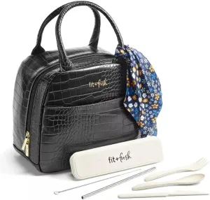 Fit & Fresh Lyon Modern Lunch Bag With Travel Utensils For Women, Insulated Womens Lunch Bag For Work, Leakproof & Stain-Resistant Large Lunch Box For Women, Faux Croc Leather, Black
