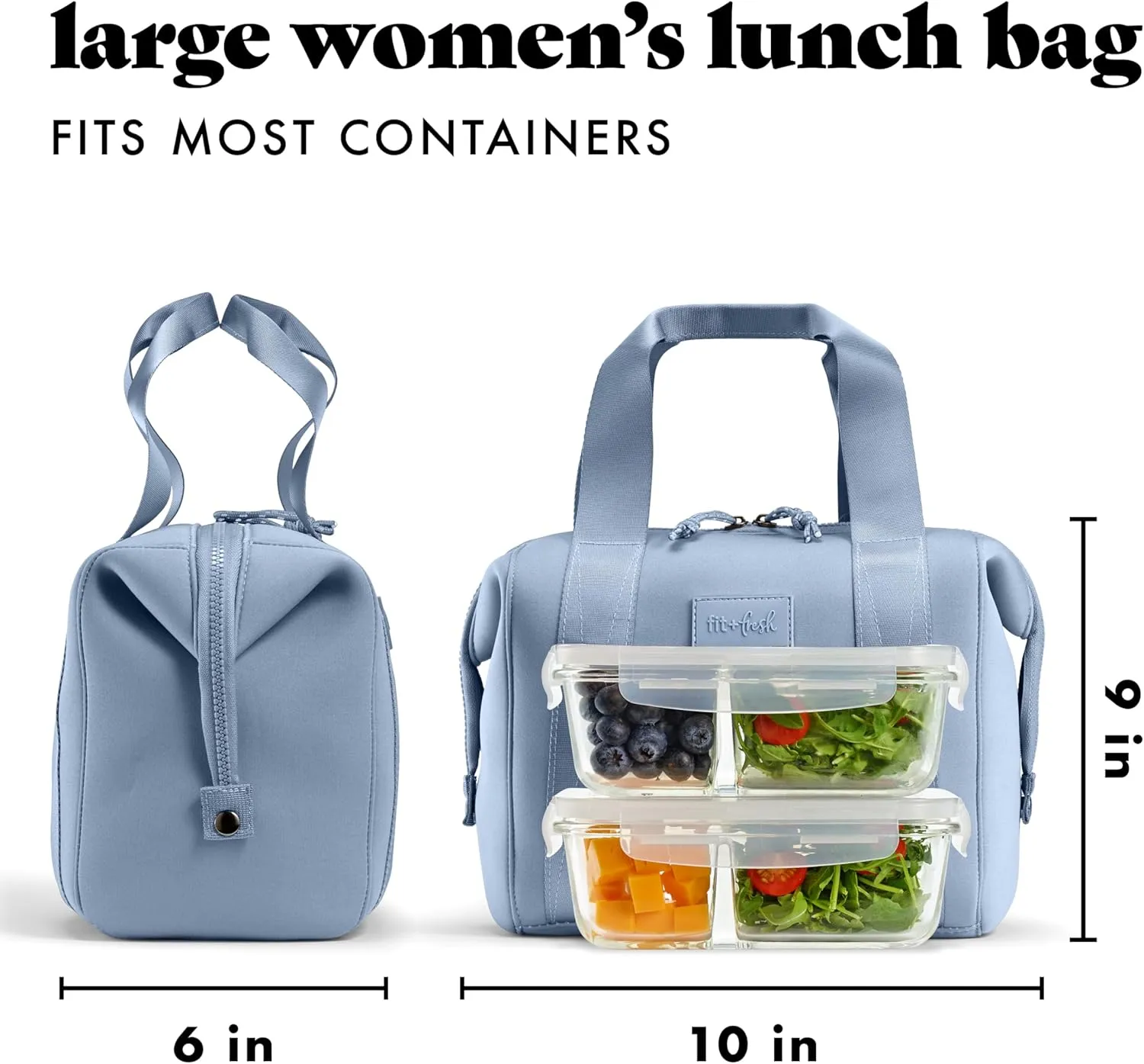 Fit & Fresh Neoprene Lunch Bag For Women, Insulated Womens Lunch Bag For Work, Tear & Stain Resistant Large Lunch Box For Women With Containers and Ice, Machine Washable Remi Lunch Bag, Slate Blue