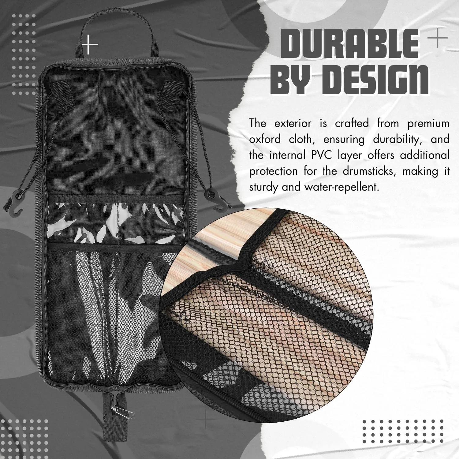 Flexzion Drum Stick Bag - Percussion Music Accessories Case with Hook, Card Holder, Adjustable Shoulder Strap & Carrying Handle - 4 Pairs Kid Drum Sticks Holder - Water-Resistant Fabric, Checkered