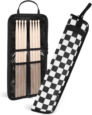 Flexzion Drum Stick Bag - Percussion Music Accessories Case with Hook, Card Holder, Adjustable Shoulder Strap & Carrying Handle - 4 Pairs Kid Drum Sticks Holder - Water-Resistant Fabric, Checkered