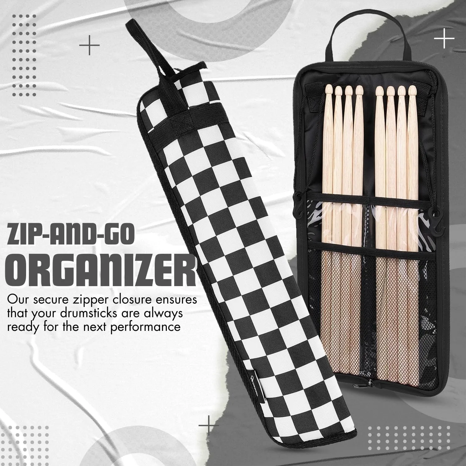 Flexzion Drum Stick Bag - Percussion Music Accessories Case with Hook, Card Holder, Adjustable Shoulder Strap & Carrying Handle - 4 Pairs Kid Drum Sticks Holder - Water-Resistant Fabric, Checkered