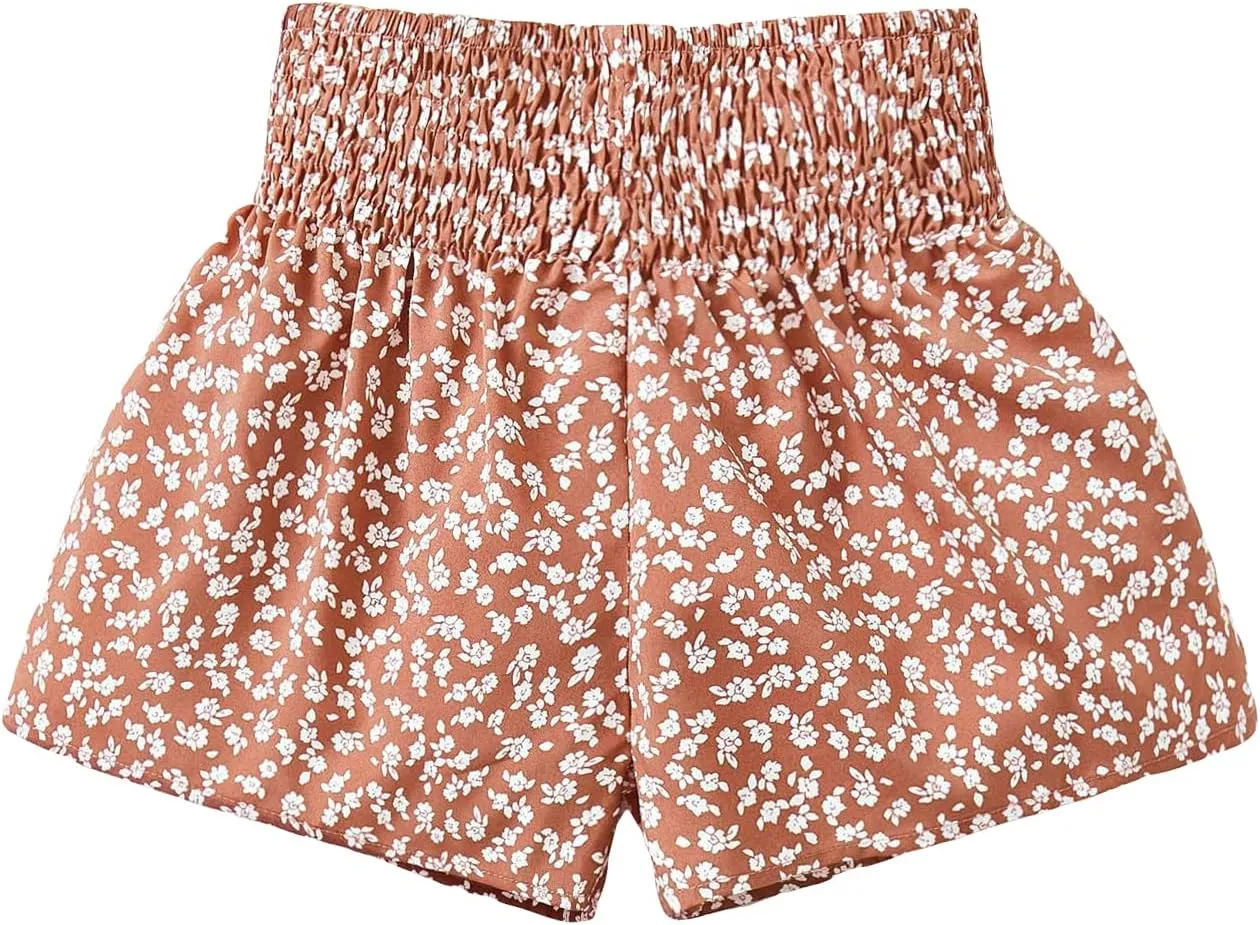 Floerns Girls Elastic Waist Wide Leg Loose Fit Floral Print Paperbag Shorts