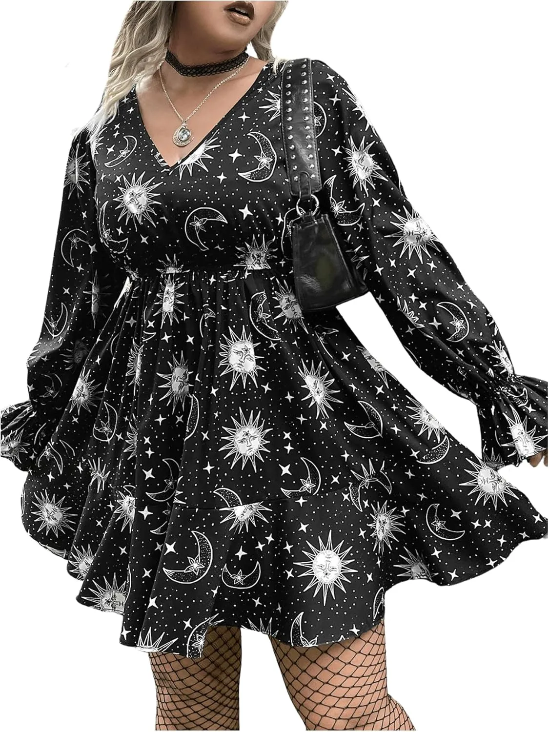 Floerns Women's Plus Size Galaxy Print V Neck Flounce Long Sleeve Swing Dress