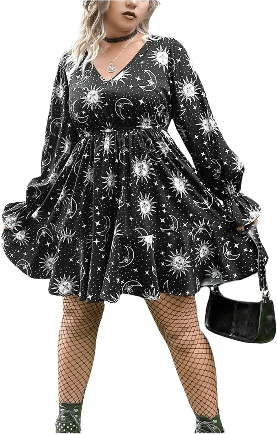 Floerns Women's Plus Size Galaxy Print V Neck Flounce Long Sleeve Swing Dress