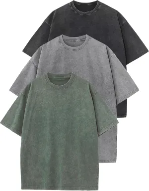 Flygo 3 Pack Men Oversized T Shirts Acid Washed Unisex Tee Loose Fit Short Sleeve Casual Streetwear Baggy Basic Tops