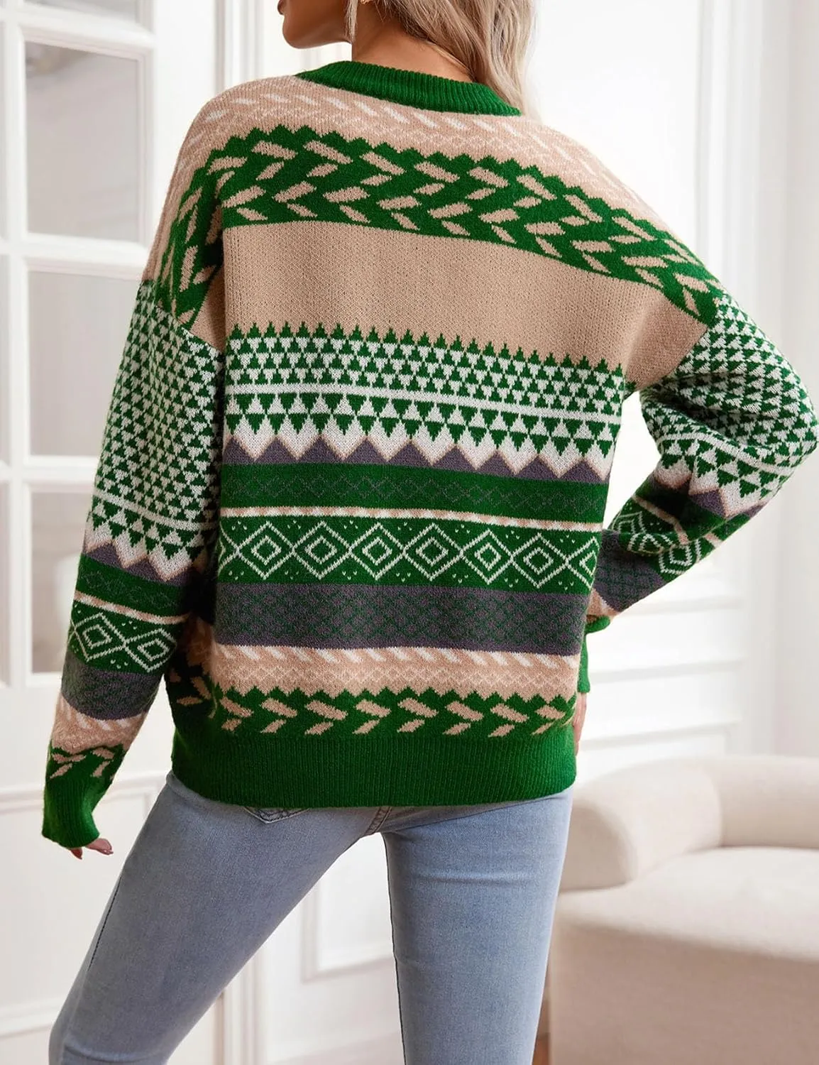 Flygo Men's Vintage Grandpa Sweater Crewneck Oversized Striped Aztec Cable Knit Pullover Unisex Jumper Tops