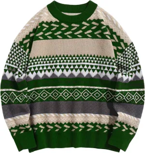 Flygo Men's Vintage Grandpa Sweater Crewneck Oversized Striped Aztec Cable Knit Pullover Unisex Jumper Tops
