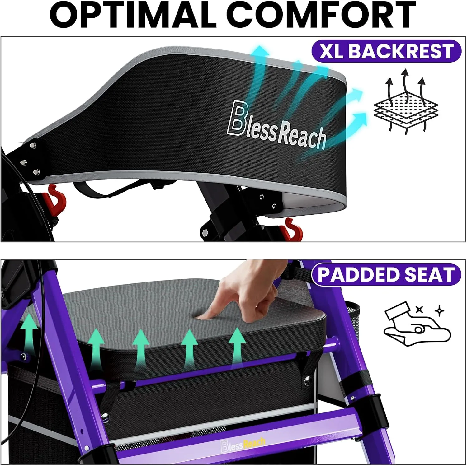 Foldable Rollator Walkers with Seat for Seniors, 450 lb Capacity, 8'' Wheels, 18" Big Seat, 6-Position Adjustable Height, Heavy-Duty Aluminum Rolling Walker (Purple)