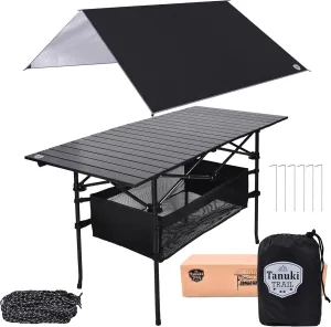 Folding Camping Table   Waterproof Tarp - Large Aluminum Camp Table with Storage, Weighted Frame - Ideal for Picnic, RV, Tailgating, Rust-Resistant