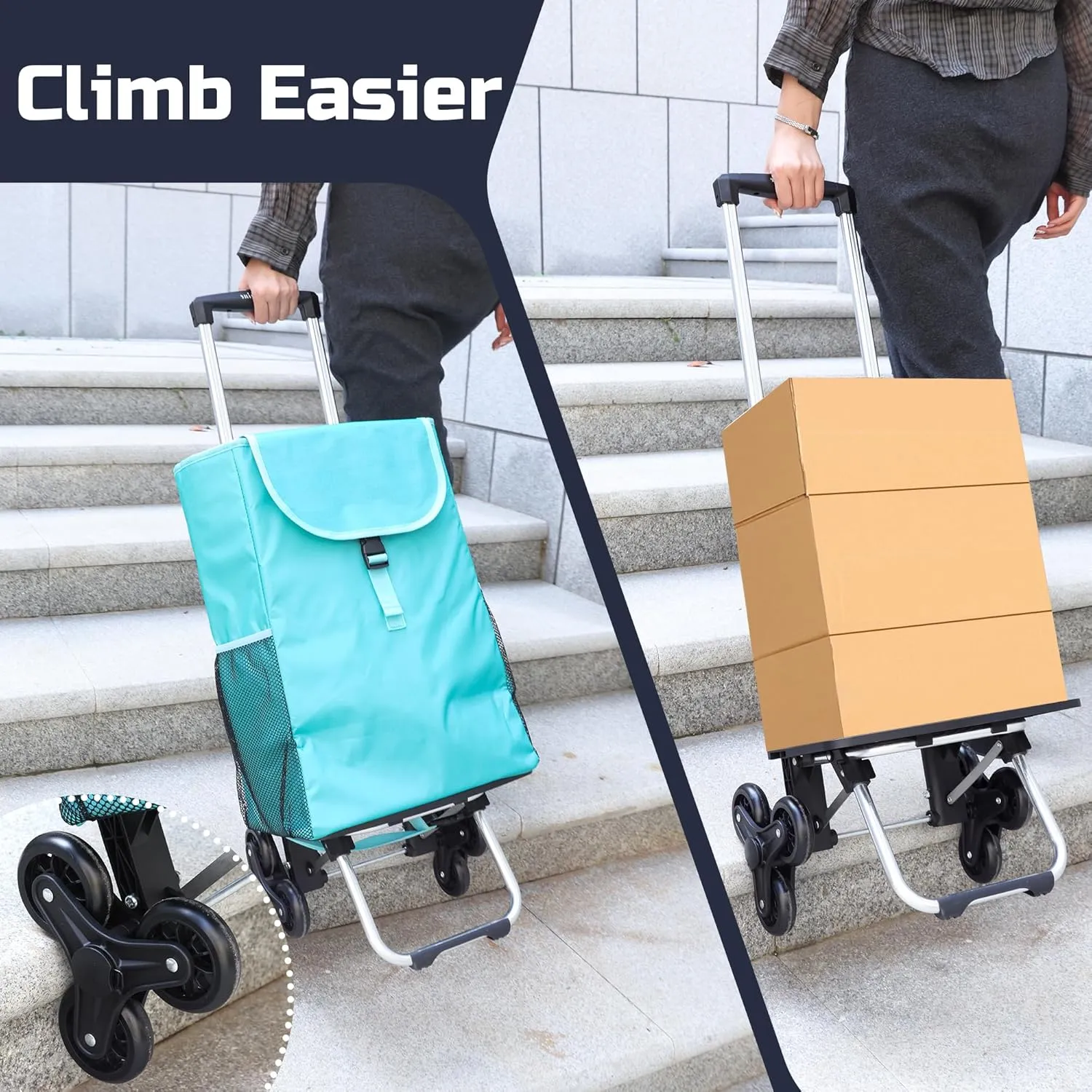 Folding Stair Climbing Shopping Cart: Rolling Cart with Insulated Bag for Grocery Picnic Beach (Lake Blue)
