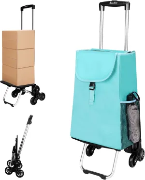 Folding Stair Climbing Shopping Cart: Rolling Cart with Insulated Bag for Grocery Picnic Beach (Lake Blue)