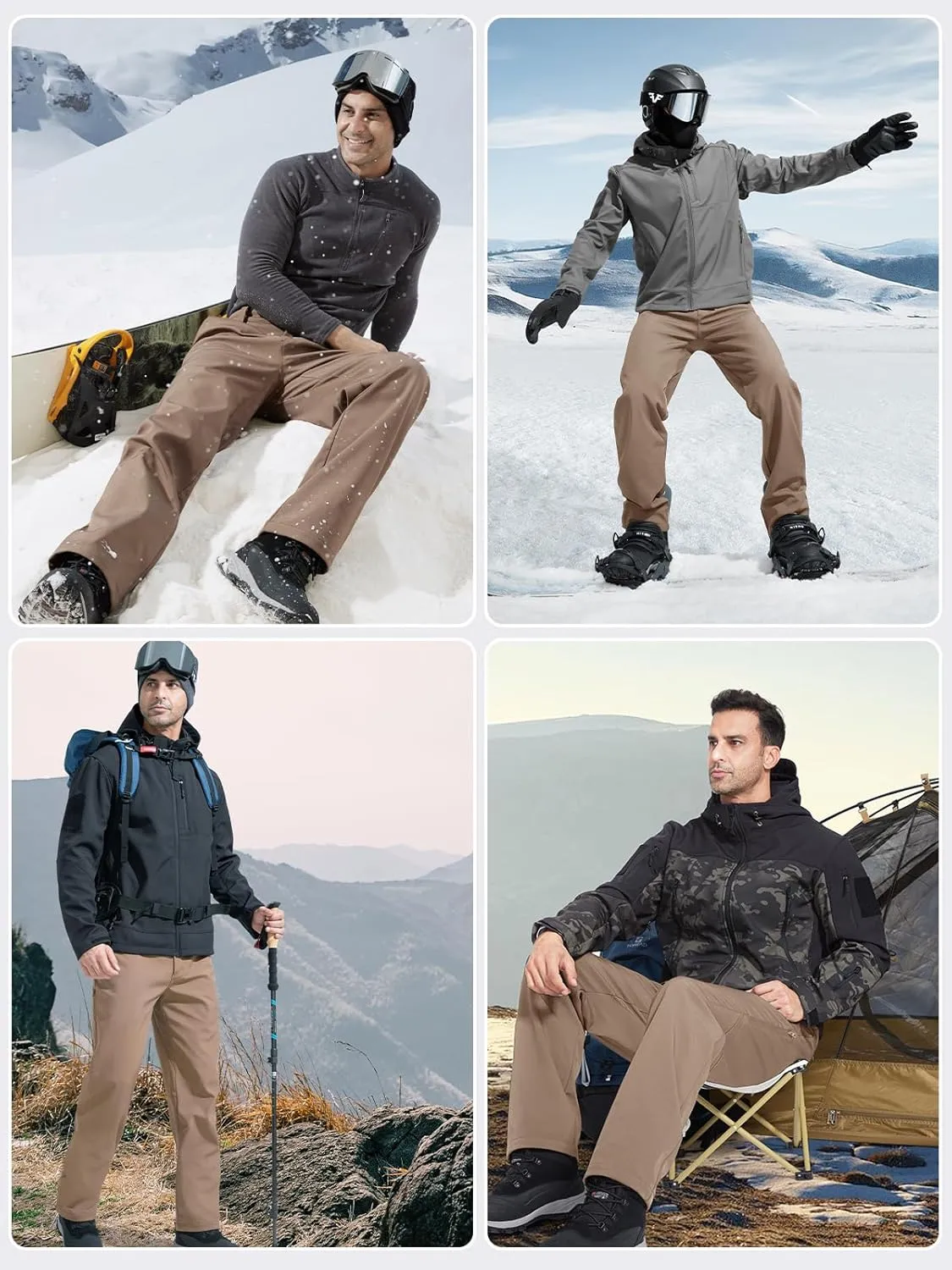 FREE SOLDIER Men's Warm Windproof Winter Fleece Lined Pants Hiking Expandable-Waist Softshell Snow Ski Pants