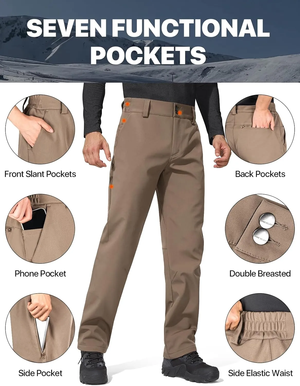 FREE SOLDIER Men's Warm Windproof Winter Fleece Lined Pants Hiking Expandable-Waist Softshell Snow Ski Pants