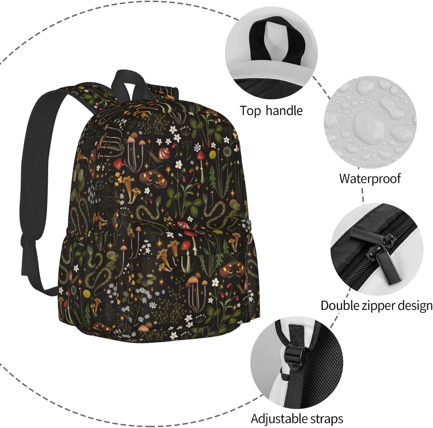 FREEHOTU Forest Animals Mushrooms Backpack For Men Women With Adjustable Padded Shoulder Straps Daypack For College Travel
