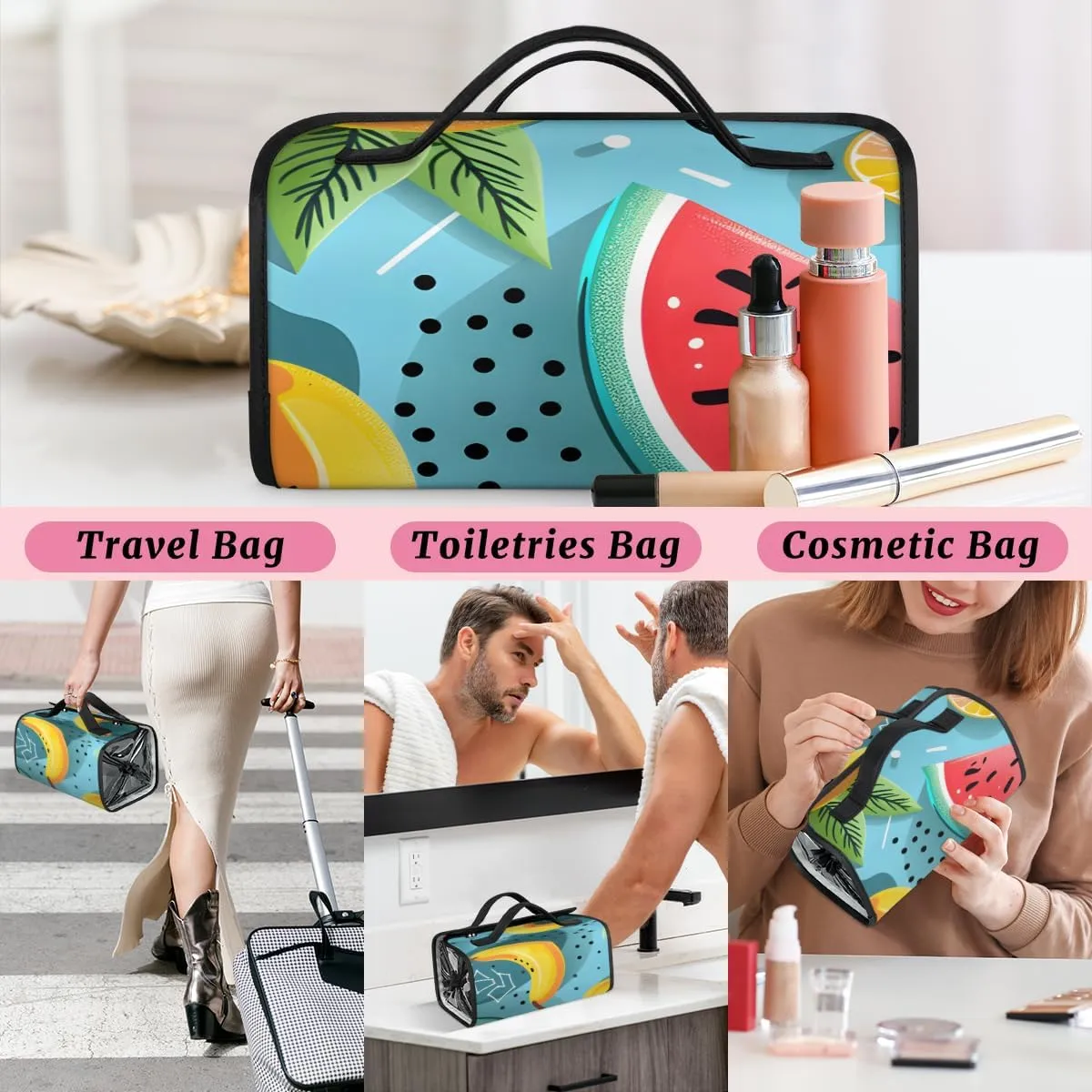 Fruit Watermelon Foldable Toiletry Bag with Detachable Removable Pouches Hanging 4 in 1 Roll Up Large Makeup Toiletry Organizer Storage Bag with Handle