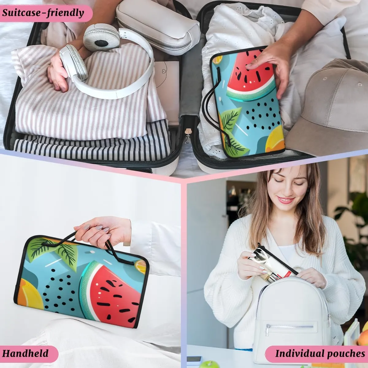 Fruit Watermelon Foldable Toiletry Bag with Detachable Removable Pouches Hanging 4 in 1 Roll Up Large Makeup Toiletry Organizer Storage Bag with Handle