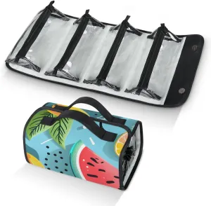Fruit Watermelon Foldable Toiletry Bag with Detachable Removable Pouches Hanging 4 in 1 Roll Up Large Makeup Toiletry Organizer Storage Bag with Handle