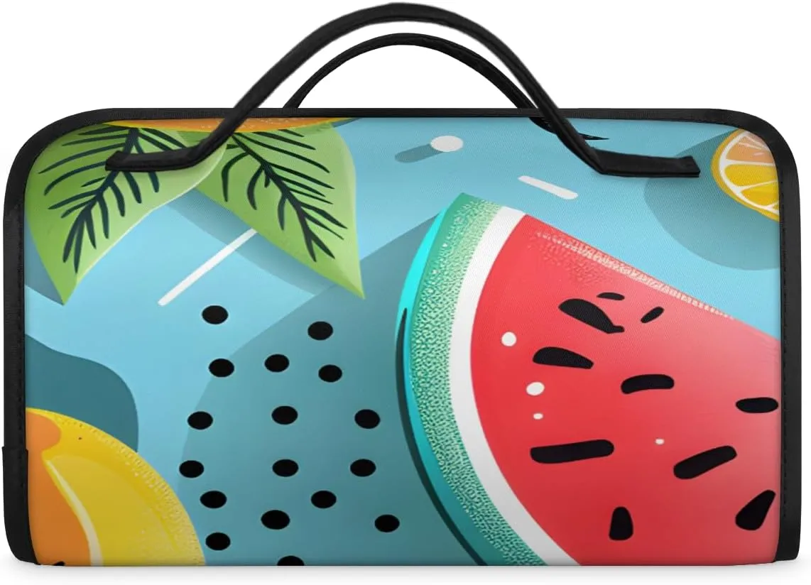 Fruit Watermelon Foldable Toiletry Bag with Detachable Removable Pouches Hanging 4 in 1 Roll Up Large Makeup Toiletry Organizer Storage Bag with Handle
