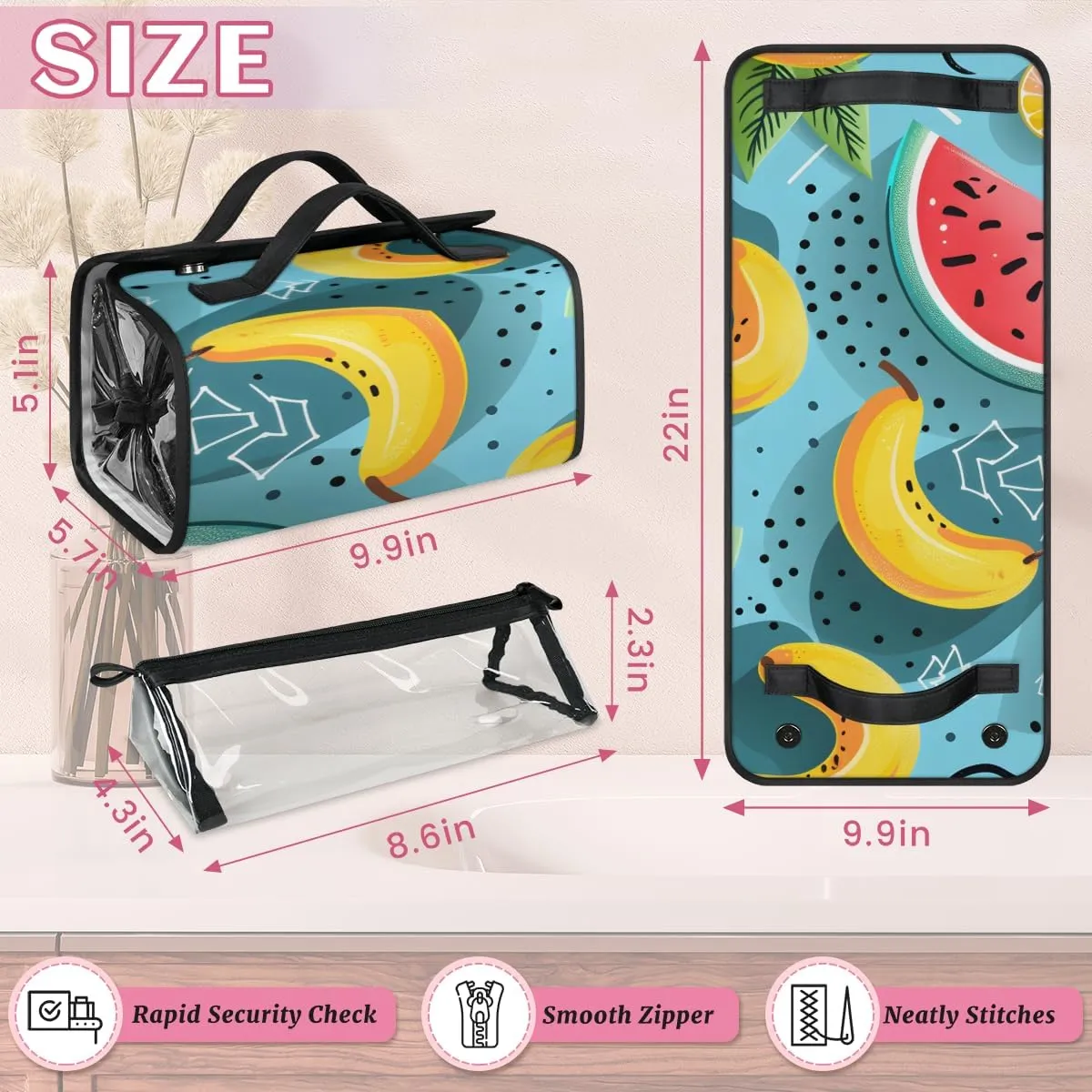 Fruit Watermelon Foldable Toiletry Bag with Detachable Removable Pouches Hanging 4 in 1 Roll Up Large Makeup Toiletry Organizer Storage Bag with Handle