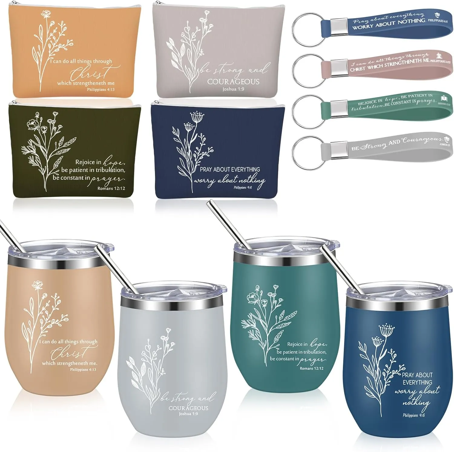 Fumete 4 Sets Christian Gifts for Women 12oz Bible Verse Tumbler Religious Makeup Cosmetic Bags Christian Silicone Keychains Inspirational Fathers Day Gifts for Church Men