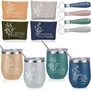 Fumete 4 Sets Christian Gifts for Women 12oz Bible Verse Tumbler Religious Makeup Cosmetic Bags Christian Silicone Keychains Inspirational Fathers Day Gifts for Church Men
