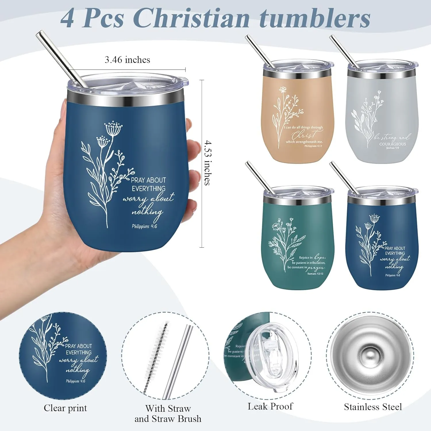 Fumete 4 Sets Christian Gifts for Women 12oz Bible Verse Tumbler Religious Makeup Cosmetic Bags Christian Silicone Keychains Inspirational Fathers Day Gifts for Church Men
