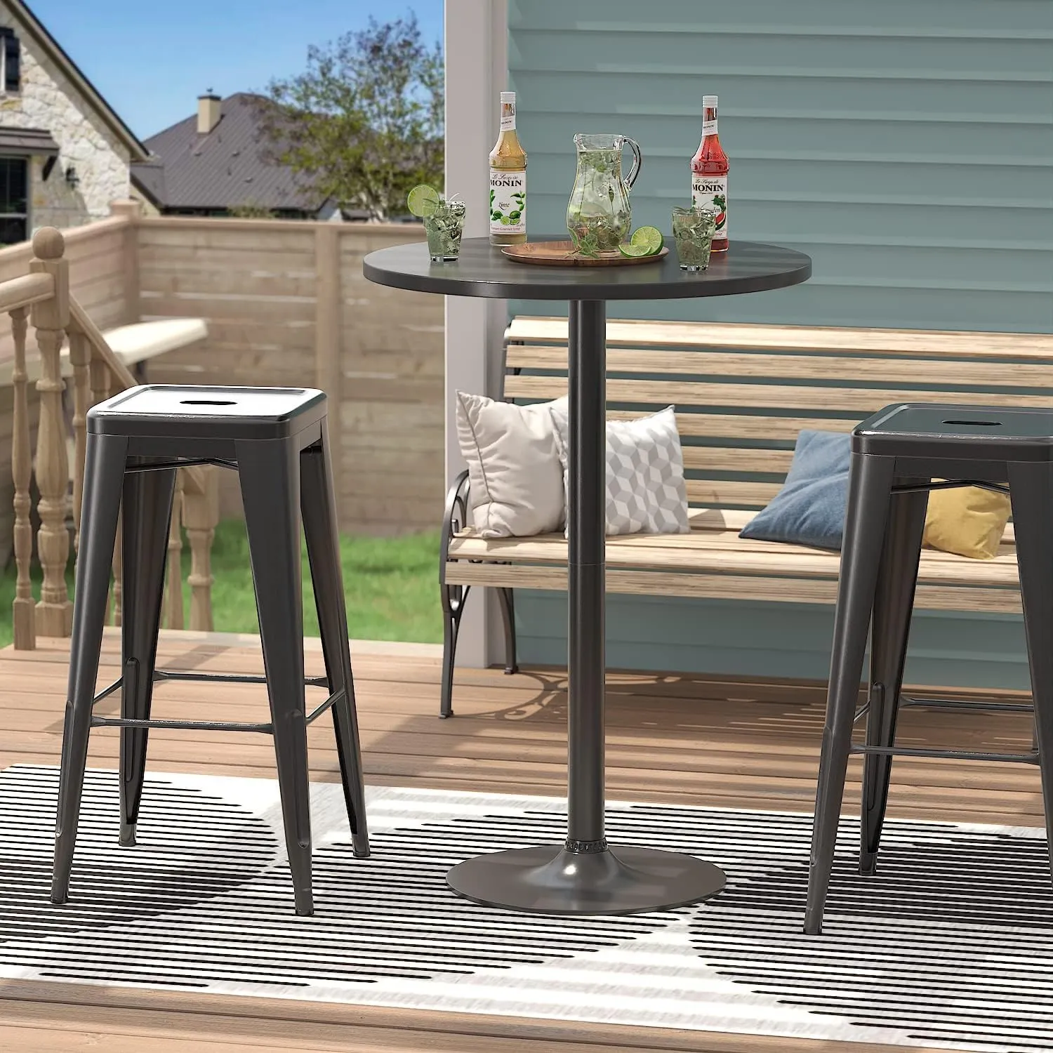Furmax Bistro Pub Table Round Bar Height Cocktail Table Metal Base MDF Top Obsidian 23.8-Inch Top, 39.5-Inch Height (Black, 4-Pack)