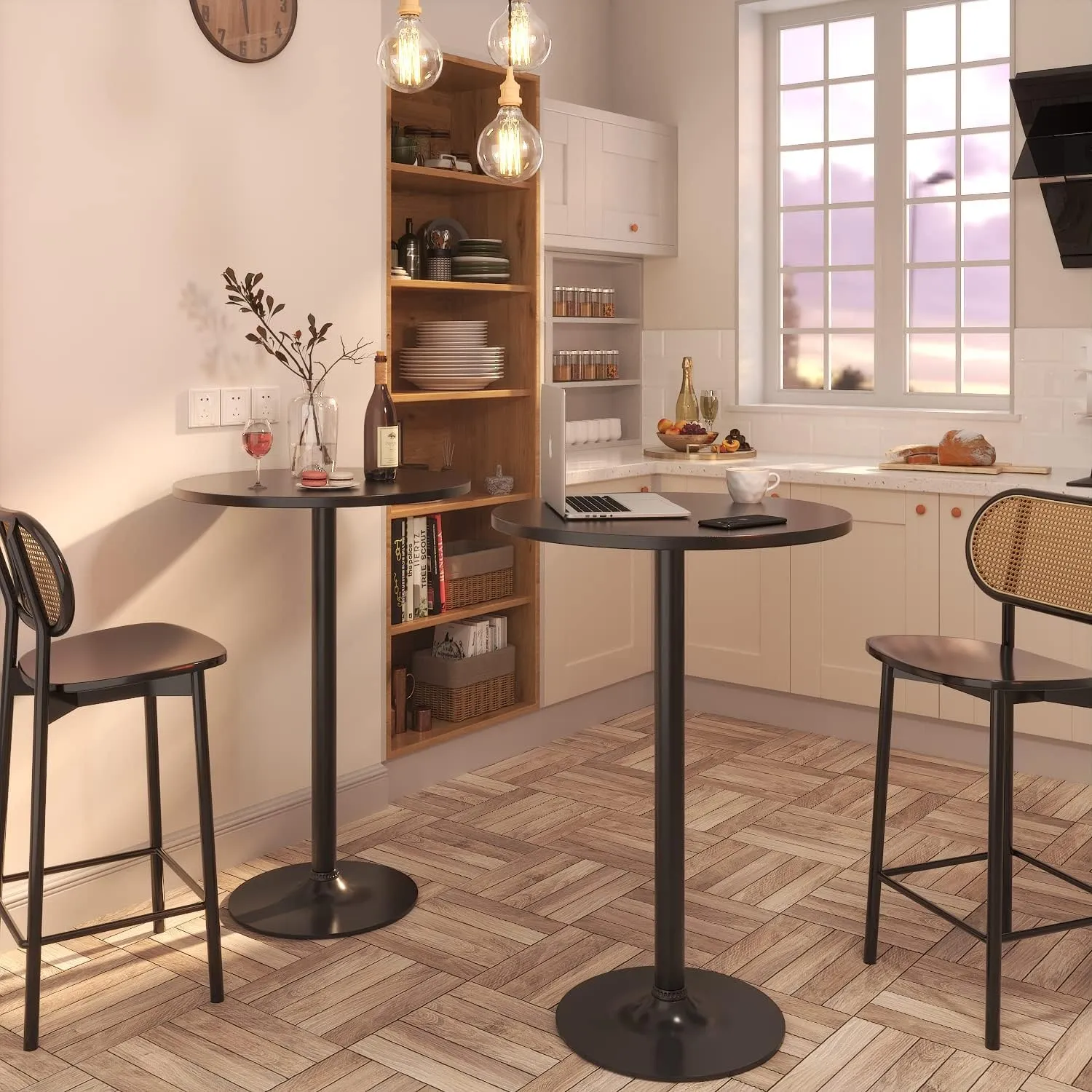 Furmax Bistro Pub Table Round Bar Height Cocktail Table Metal Base MDF Top Obsidian 23.8-Inch Top, 39.5-Inch Height (Black, 4-Pack)