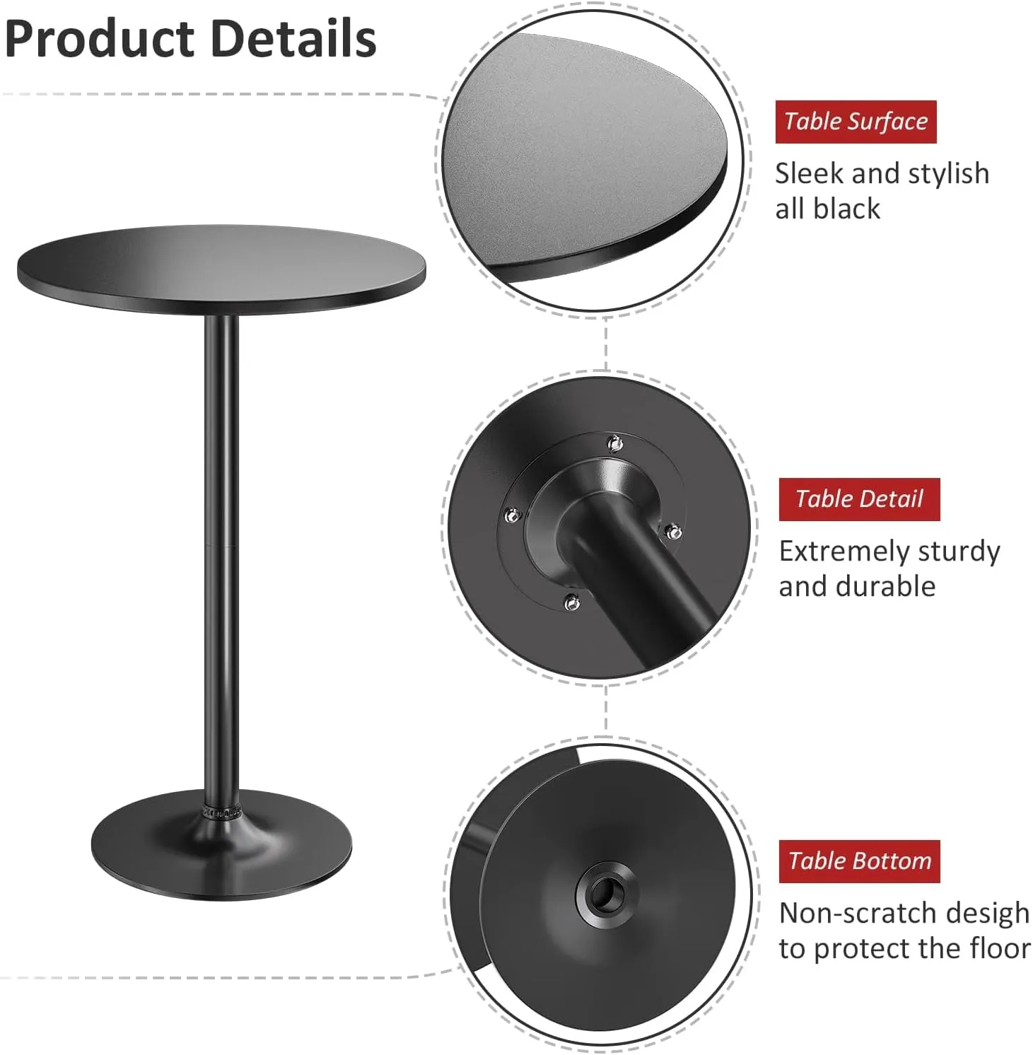 Furmax Bistro Pub Table Round Bar Height Cocktail Table Metal Base MDF Top Obsidian 23.8-Inch Top, 39.5-Inch Height (Black, 4-Pack)