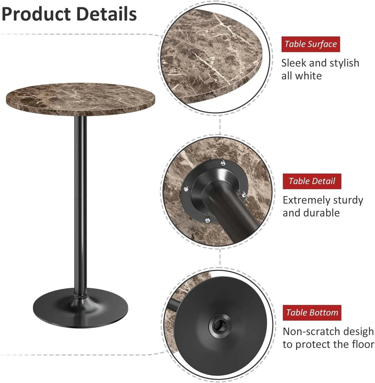Furmax Bistro Pub Table Round Bar Height Cocktail Table Metal Base MDF Top Obsidian 23.8-Inch Top, 39.5-Inch Height (Faux Marble, 4-Pack)