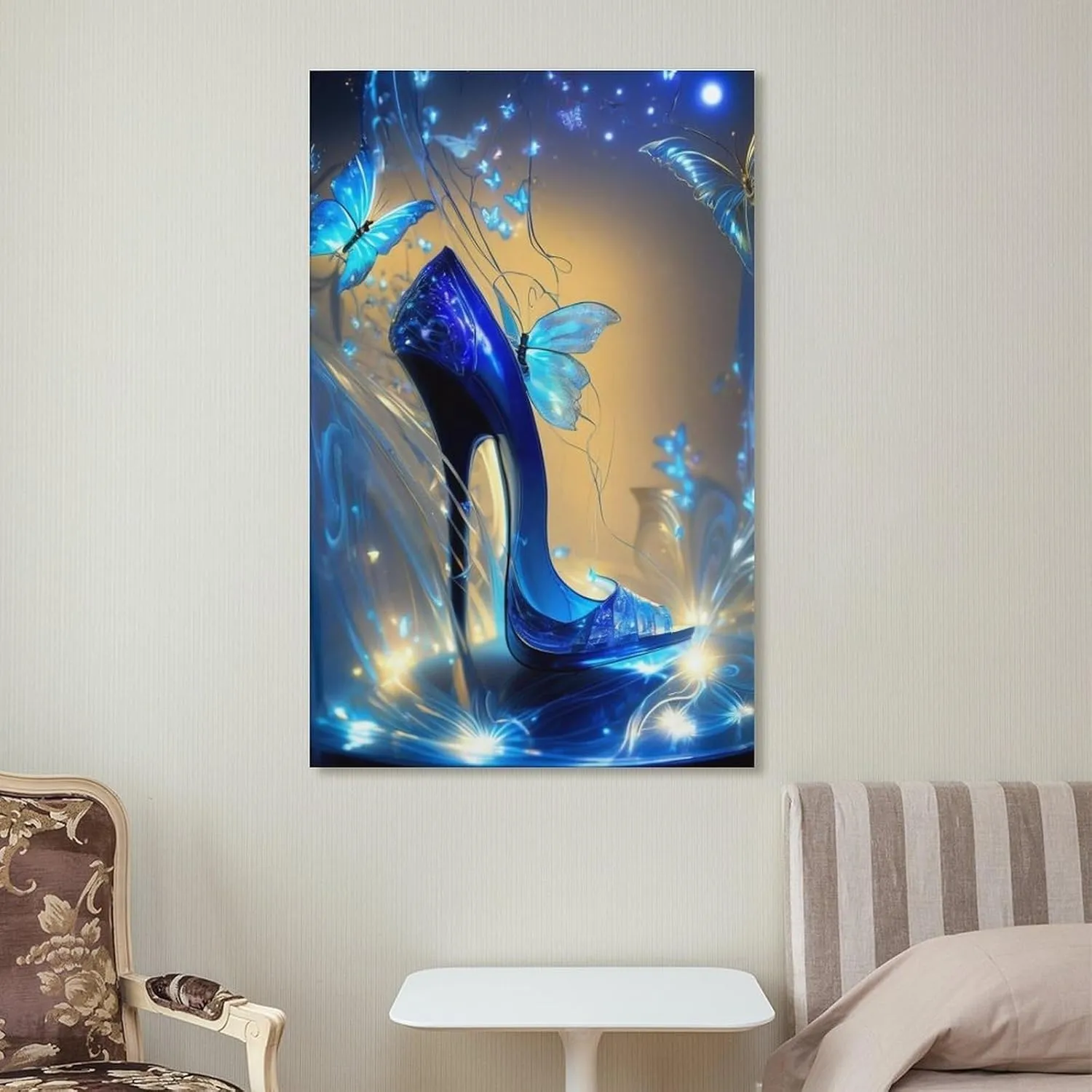 Generic Modern Abstract Art Blue Butterfly And Blue Heels Canvas Painting Wall Art Poster for Bedroom Living Room Decor 16x24inch(40x60cm) Frame-style