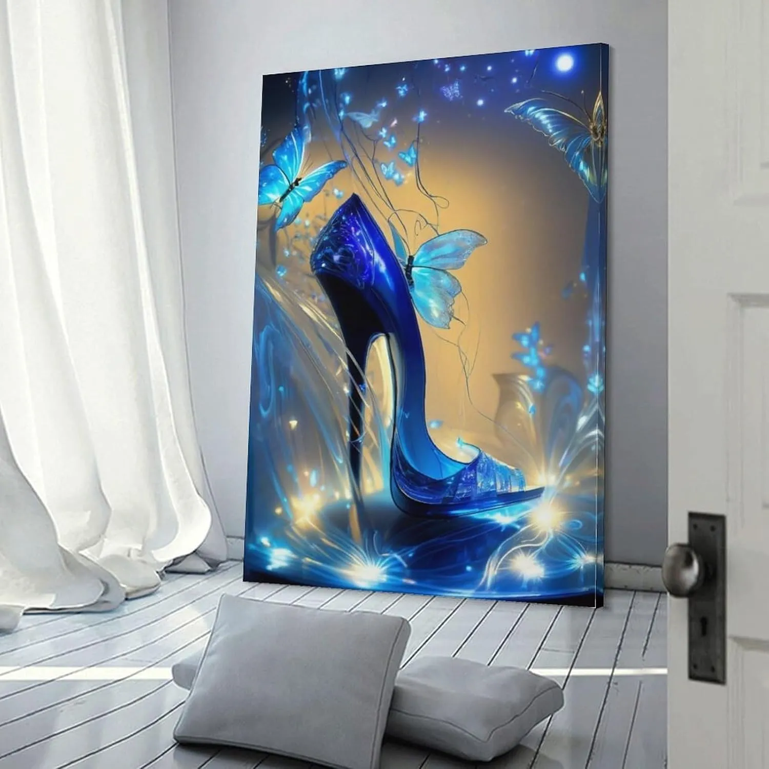 Generic Modern Abstract Art Blue Butterfly And Blue Heels Canvas Painting Wall Art Poster for Bedroom Living Room Decor 16x24inch(40x60cm) Frame-style