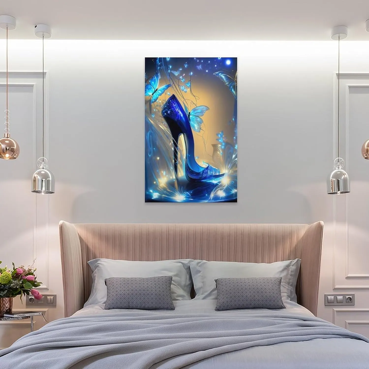 Generic Modern Abstract Art Blue Butterfly And Blue Heels Canvas Painting Wall Art Poster for Bedroom Living Room Decor 16x24inch(40x60cm) Frame-style