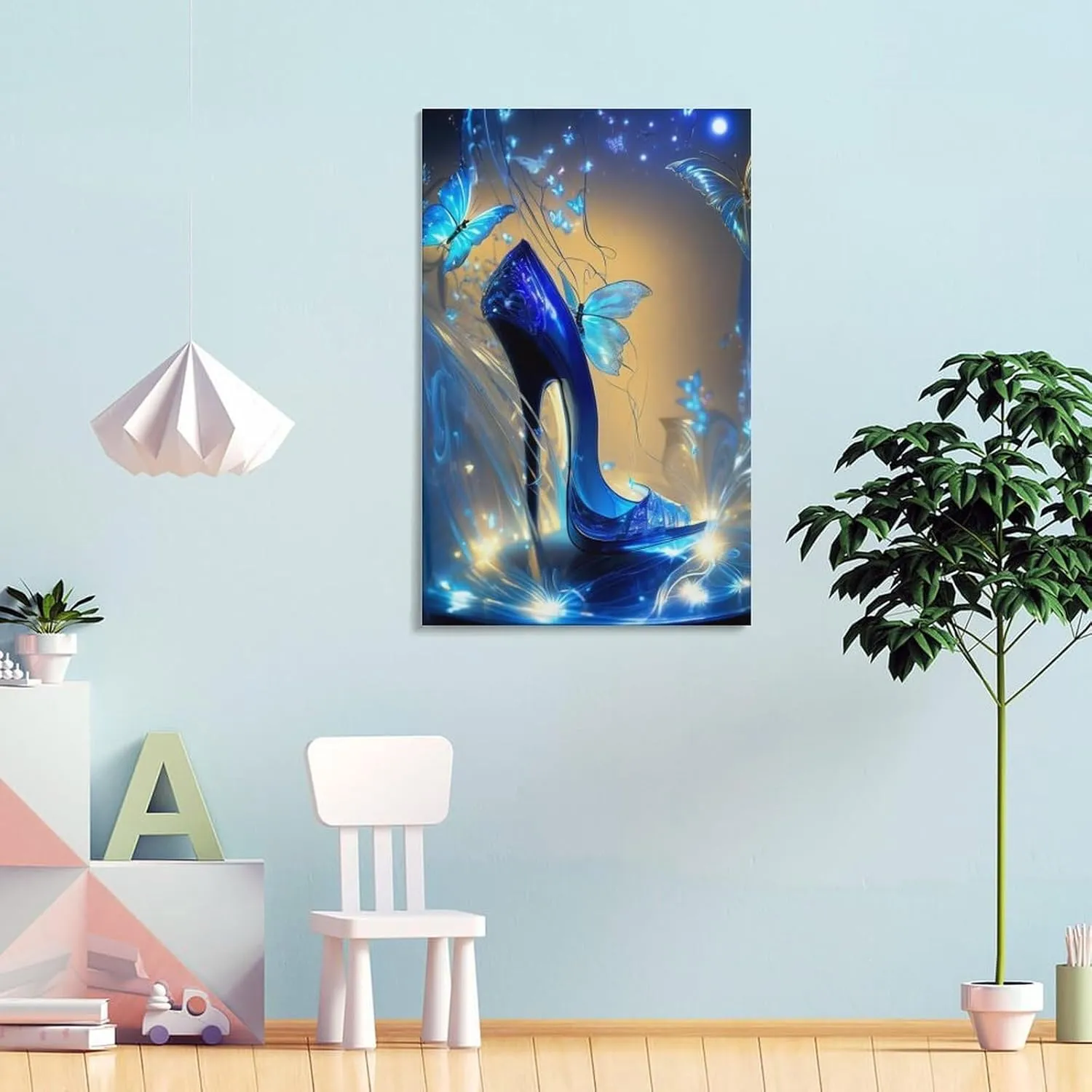 Generic Modern Abstract Art Blue Butterfly And Blue Heels Canvas Painting Wall Art Poster for Bedroom Living Room Decor 16x24inch(40x60cm) Frame-style