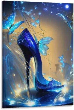 Generic Modern Abstract Art Blue Butterfly And Blue Heels Canvas Painting Wall Art Poster for Bedroom Living Room Decor 16x24inch(40x60cm) Frame-style