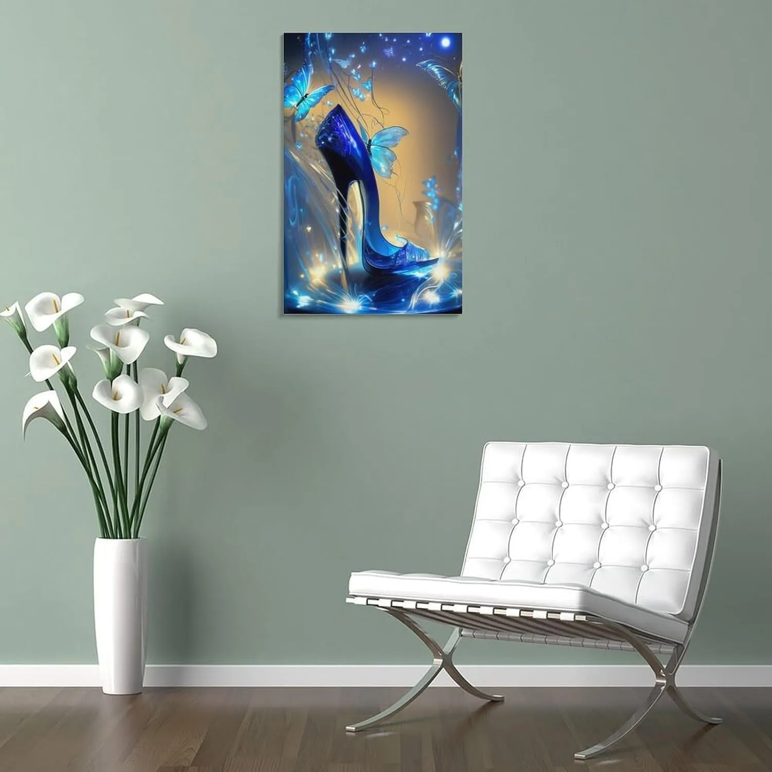 Generic Modern Abstract Art Blue Butterfly And Blue Heels Canvas Painting Wall Art Poster for Bedroom Living Room Decor 16x24inch(40x60cm) Frame-style