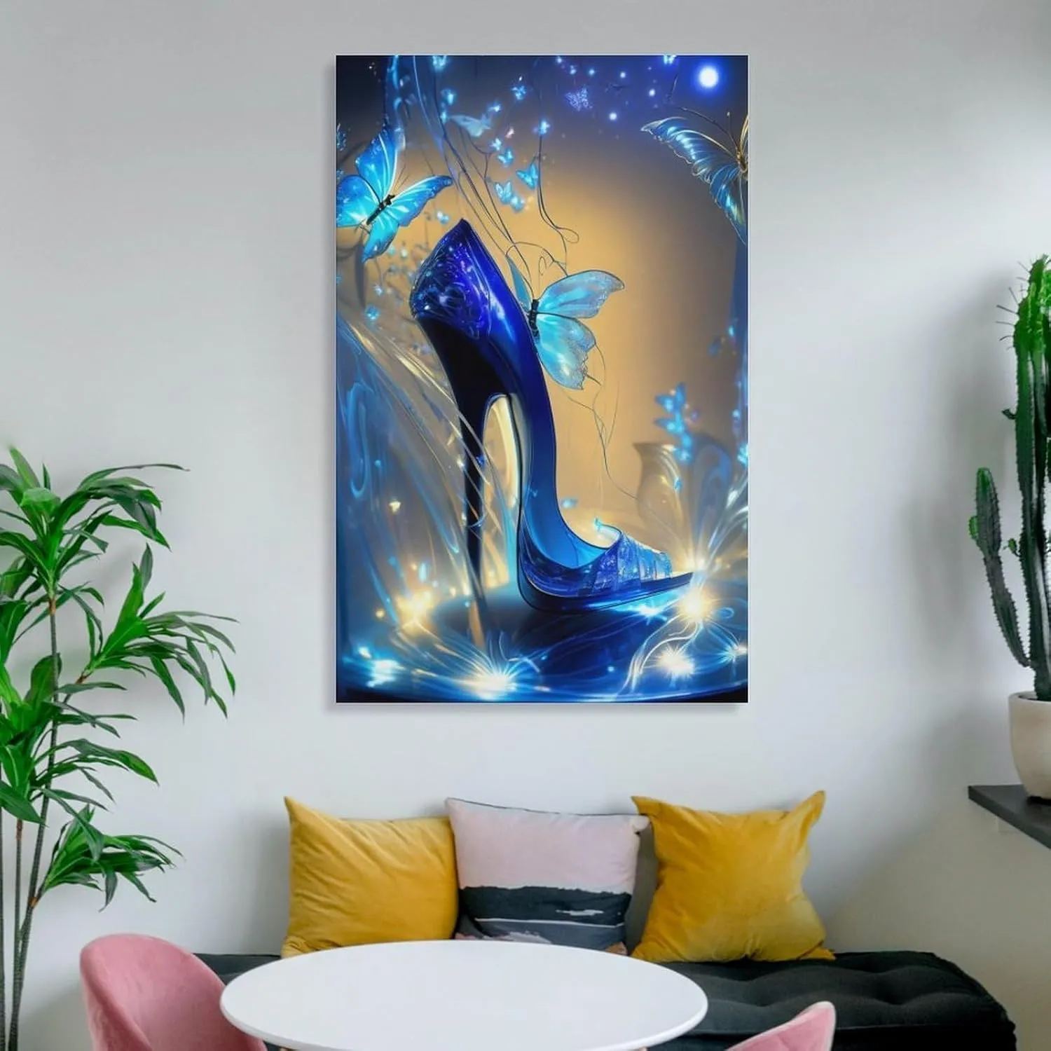 Generic Modern Abstract Art Blue Butterfly And Blue Heels Canvas Painting Wall Art Poster for Bedroom Living Room Decor 16x24inch(40x60cm) Frame-style