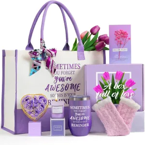Gifts for Mom, Mother's Day Gift for Mom from Daughter Son, Birthday, Thanksgiving Day, Christmas Gifts for Mother, Care Package, Gift Basket with Canvas Tote Bag Sock Tumbler Soap Flower