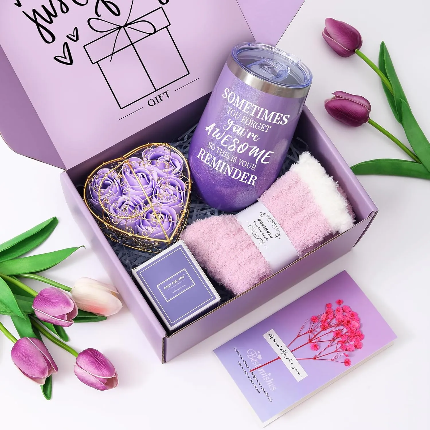 Gifts for Mom, Mother's Day Gift for Mom from Daughter Son, Birthday, Thanksgiving Day, Christmas Gifts for Mother, Care Package, Gift Basket with Canvas Tote Bag Sock Tumbler Soap Flower