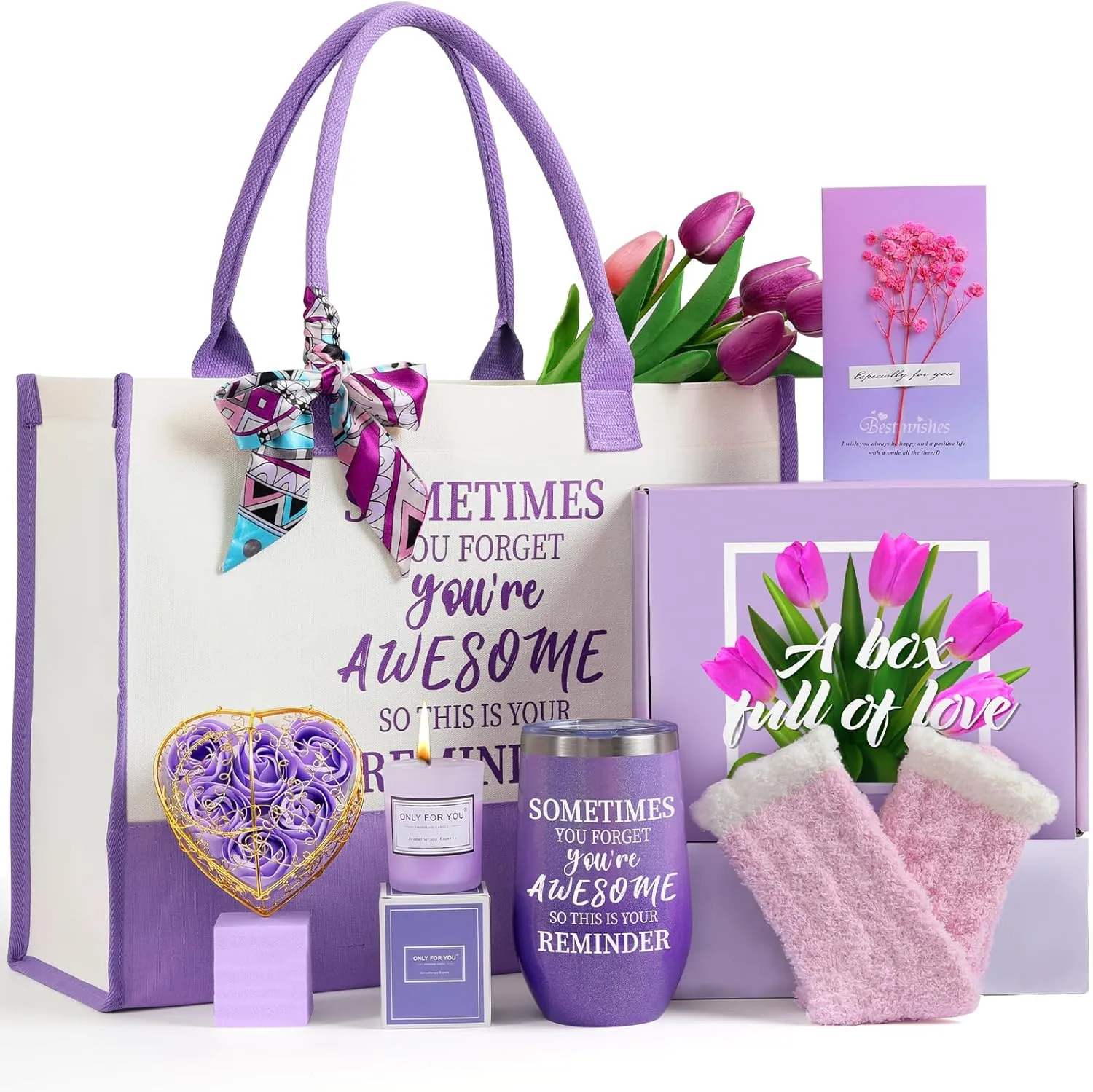 Gifts for Mom, Mother's Day Gift for Mom from Daughter Son, Birthday, Thanksgiving Day, Christmas Gifts for Mother, Care Package, Gift Basket with Canvas Tote Bag Sock Tumbler Soap Flower