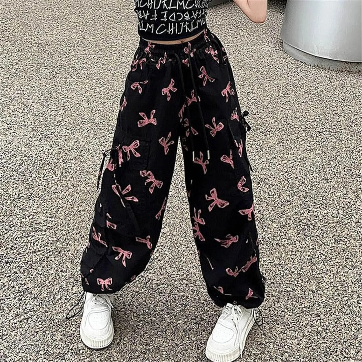 Girls 𝐘2K Cargo Pants with 𝐃rawstring Sweet Cool Bow Print Sweatpants with Pocket Causal Baggy Hip Hop Jeans