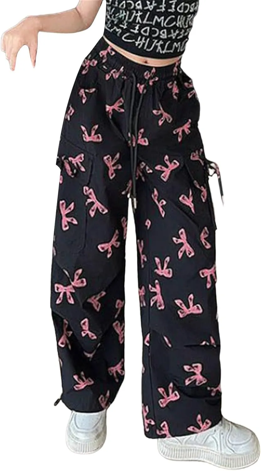 Girls 𝐘2K Cargo Pants with 𝐃rawstring Sweet Cool Bow Print Sweatpants with Pocket Causal Baggy Hip Hop Jeans
