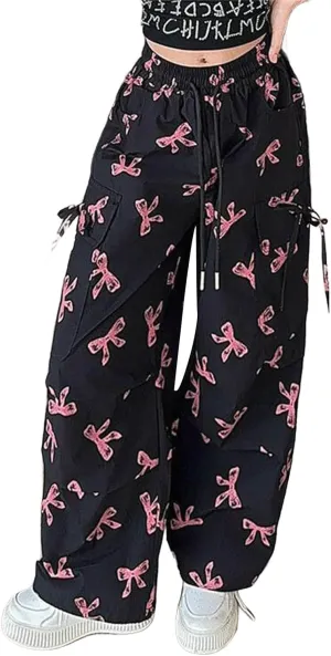 Girls 𝐘2K Cargo Pants with 𝐃rawstring Sweet Cool Bow Print Sweatpants with Pocket Causal Baggy Hip Hop Jeans