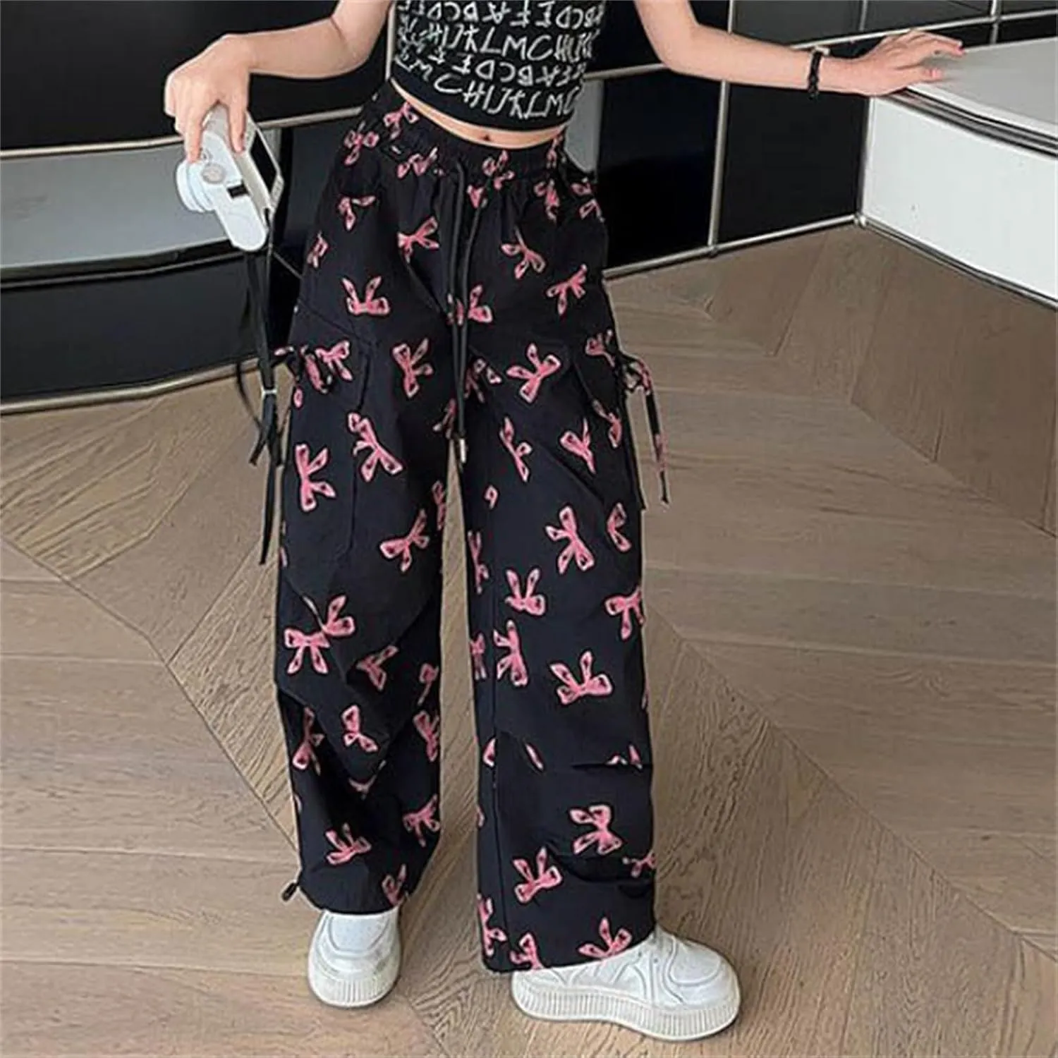 Girls 𝐘2K Cargo Pants with 𝐃rawstring Sweet Cool Bow Print Sweatpants with Pocket Causal Baggy Hip Hop Jeans