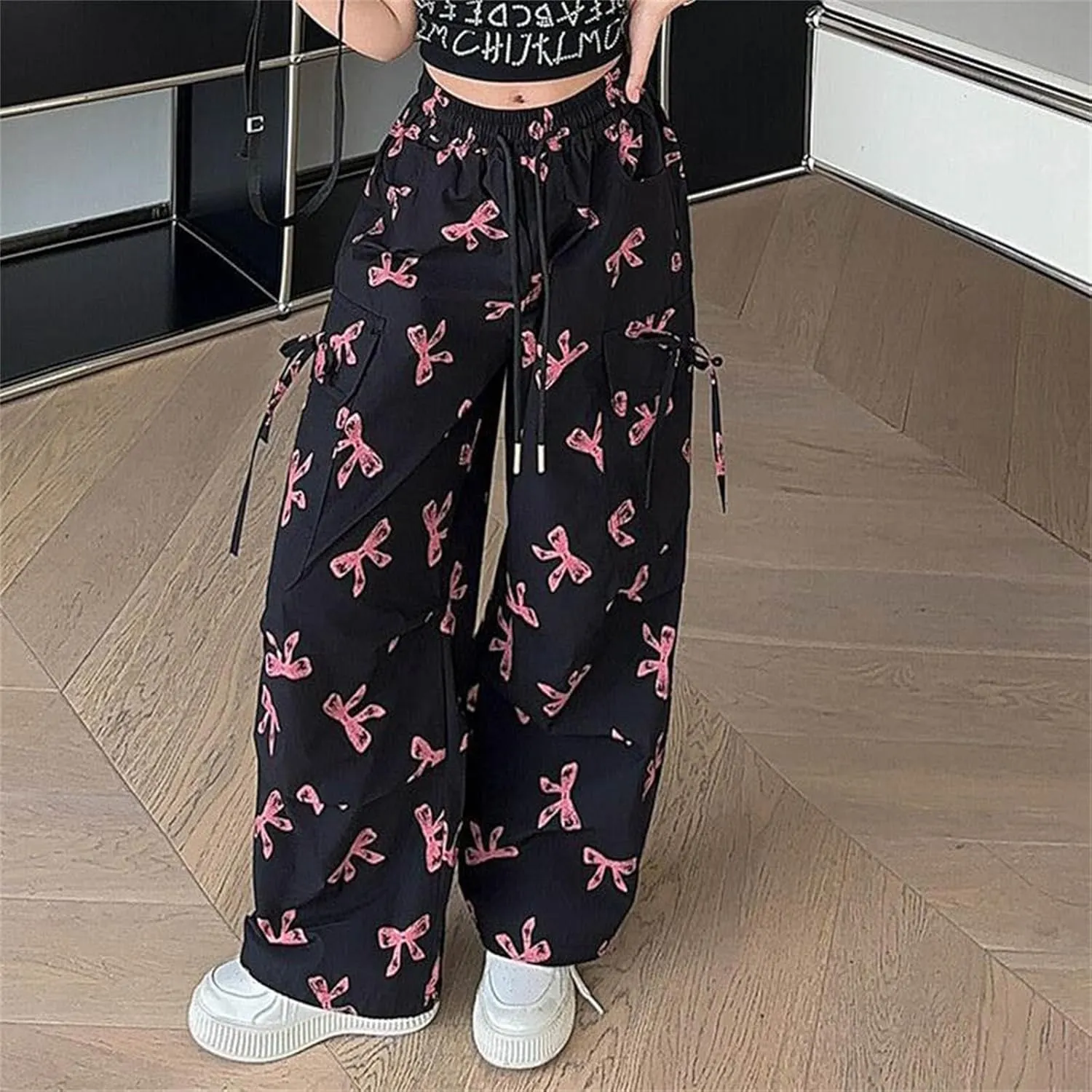 Girls 𝐘2K Cargo Pants with 𝐃rawstring Sweet Cool Bow Print Sweatpants with Pocket Causal Baggy Hip Hop Jeans