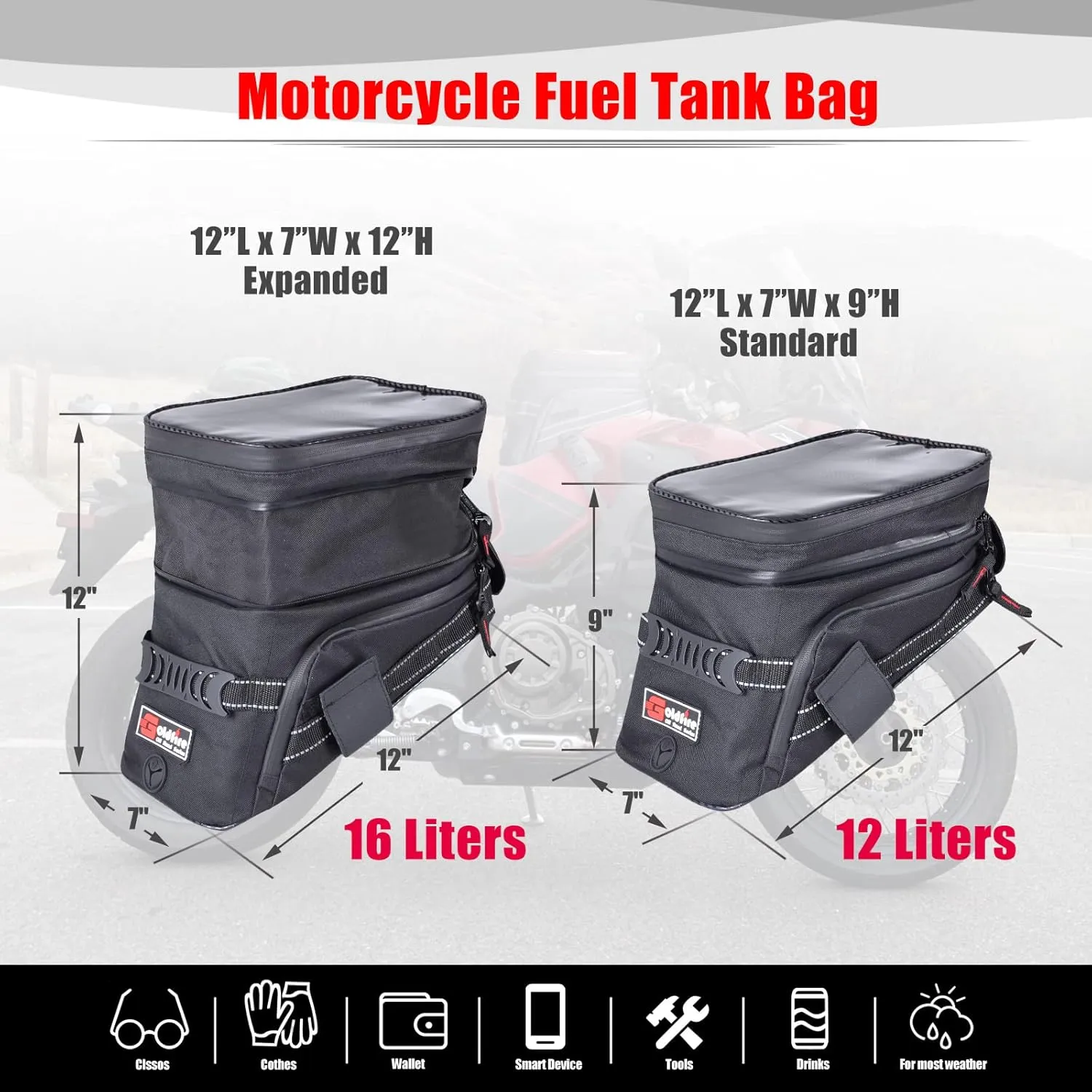 Goldfire Motorcycle Tank Bag Expandable ADV Gas Oil Fuel Tank Saddle Bag with Strong Strap Mount Water Resistant Motorcycle Storage Bag(Red Piping)