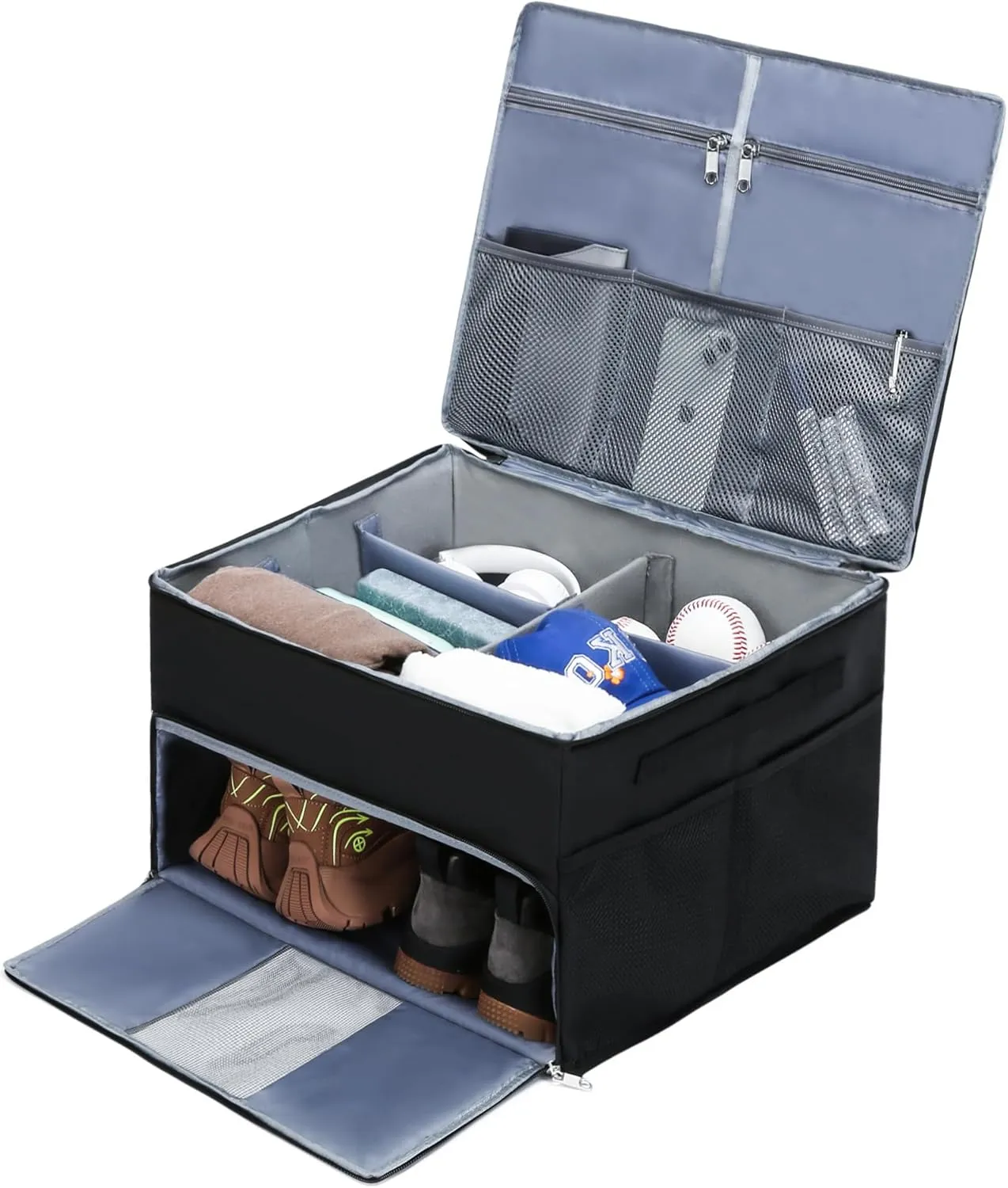 Golf Trunk Organizer for Golf Shoes Clothes Gloves Hats Large Collapsible Golf Storage Box with 4 Dividers Water-Resistant Golf Shoe Bag for 2 Pair of Shoes Golfing Accessories for Men Women Golfers