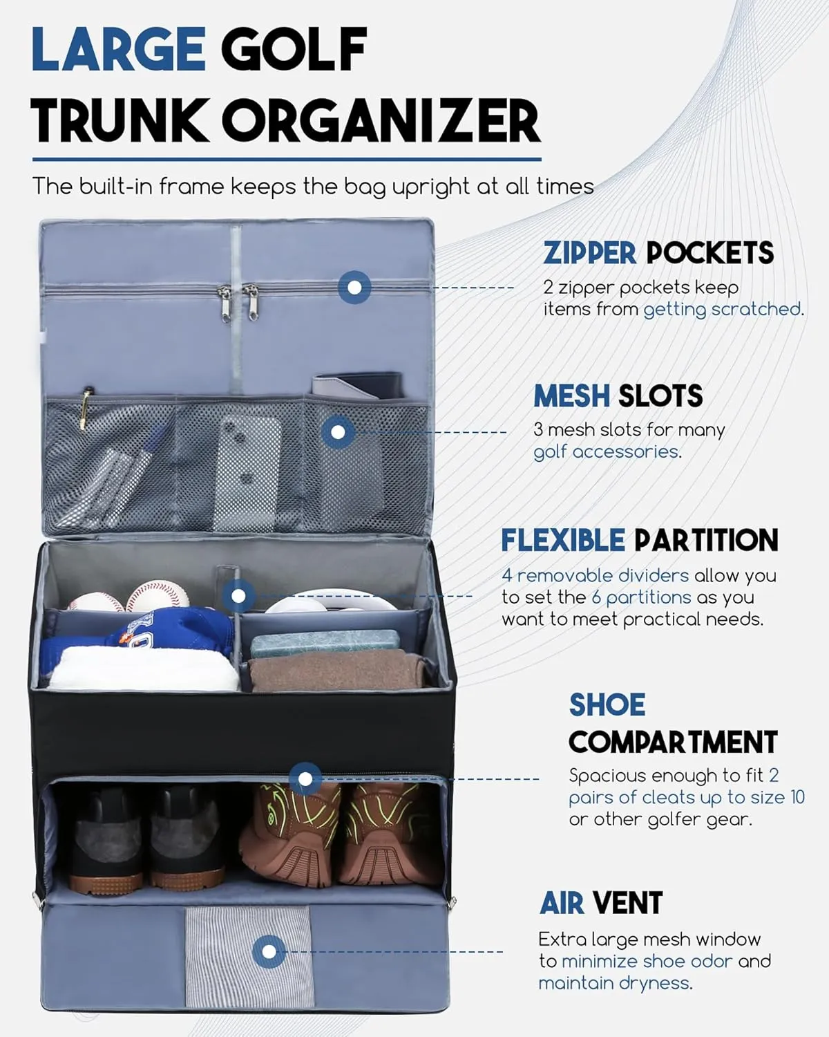 Golf Trunk Organizer for Golf Shoes Clothes Gloves Hats Large Collapsible Golf Storage Box with 4 Dividers Water-Resistant Golf Shoe Bag for 2 Pair of Shoes Golfing Accessories for Men Women Golfers